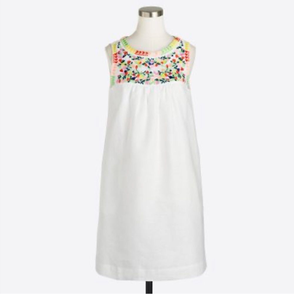 J. Crew Factory Colorful Embroidered White Linen Cotton Blend Sleeveless Dress